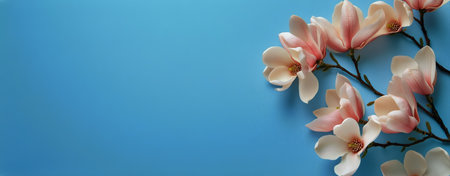 Three delicate pink magnolia flowers rest beautifully on a bright blue background, showing their soft petals and natural elegance. This seasonal display captures springs charm.の素材
