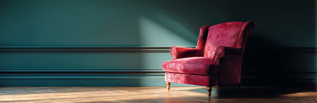 A cozy red armchair sits in a sunny corner of a room, featuring teal walls and a polished wooden floor. The natural light highlights the rich textures and colors of the chair.の素材