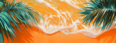 Bright orange background features gentle ocean waves lapping against the shore, framed by lush green palm leaves creating a tropical paradise feel on a sunny day.の素材