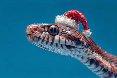 A snake showcases its unique features while wearing a bright red Christmas hat. The blue background adds a playful touch, emphasizing the festive spirit.の素材