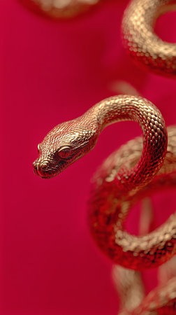 A shiny golden snake lies gracefully on a bright red background filled with glimmering sparkles. The texture of the snakes scales stands out against the vivid colors.の素材