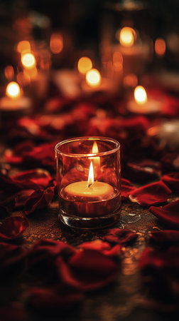 Warm candlelight flickers softly amidst a bed of red rose petals, creating a cozy and romantic atmosphere perfect for a special evening or celebration.の素材