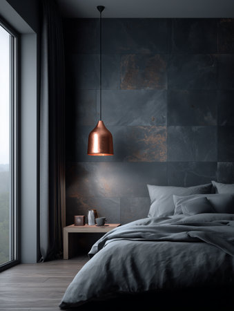 A stylish bedroom features a gray bedspread and copper pendant light. Large windows offer a view of the outdoors, creating a cozy yet contemporary atmosphere.の素材
