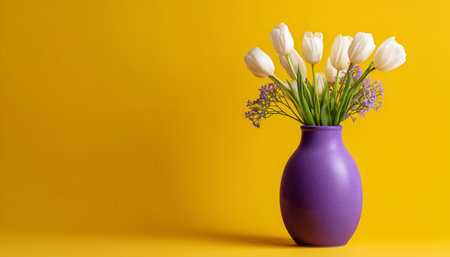 A purple vase is filled with fresh white tulips and small purple flowers. The cheerful yellow background adds a vibrant touch to the floral arrangement.の素材