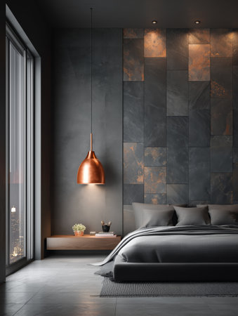 This contemporary bedroom features a striking dark color scheme, sleek furniture, and an elegant copper pendant light. A city view adds to the urban ambiance.の素材