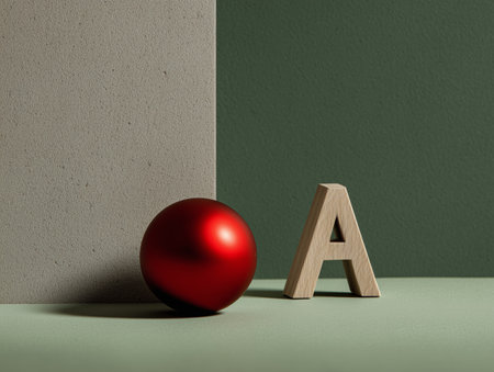 A bright red Christmas ornament rests beside a large green letter structure in a minimalist space. Soft lighting highlights the colors and shapes, creating a festive mood..の素材