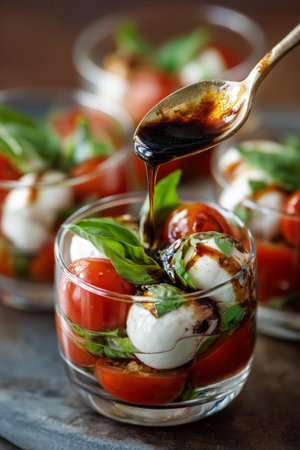 Fresh mozzarella balls layered with cherry tomatoes and basil create a colorful dish. Drizzled with balsamic glaze, this appetizer is vibrant and perfect for any gathering..の素材