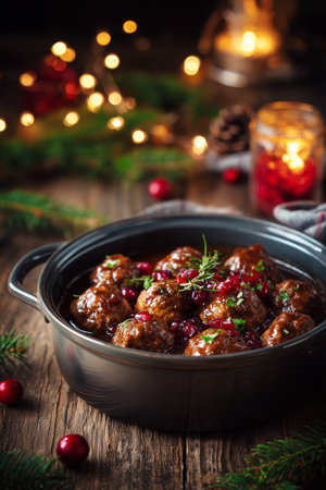 Juicy meatballs are cooking in a savory sauce, garnished with berries, creating a warm and inviting scene perfect for holiday gatherings and festive meals..の素材