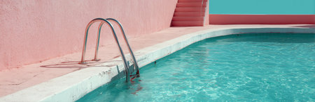 Turquoise water sparkles under the sun near a pastel pink wall. A silver ladder leans against the poolside steps, inviting relaxation and enjoyment on a warm day.の素材