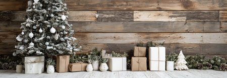 A decorated Christmas tree stands beside an array of wrapped gifts in a warm wooden environment. The scene captures the holiday spirit with a touch of rustic charm..の素材