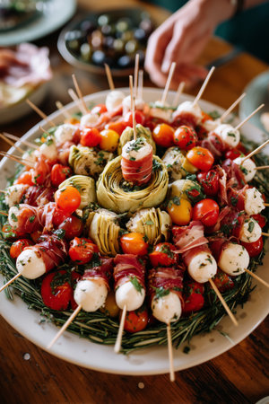 A vibrant antipasto platter features an array of meats, cheeses, and fresh vegetables arranged beautifully. The table is set with various sides, creating a warm, inviting atmosphere..の素材