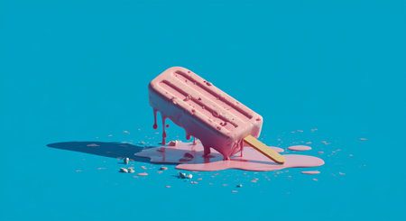 A pink popsicle lies on a vibrant blue surface with melted layers pooling around it. This scene captures the essence of summer and the joy of cooling snacks..の素材