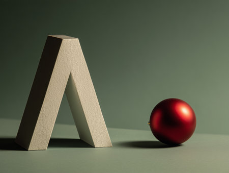 A red ornament rests beside a wooden triangular shape in a stylish interior. Soft green and neutral walls create a calming atmosphere in this contemporary space..の素材