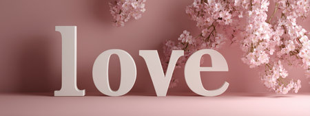 A large white love sign rests on a soft pink surface, surrounded by delicate cherry blossoms. The scene evokes feelings of romance and tranquility, perfect for celebrations.の素材
