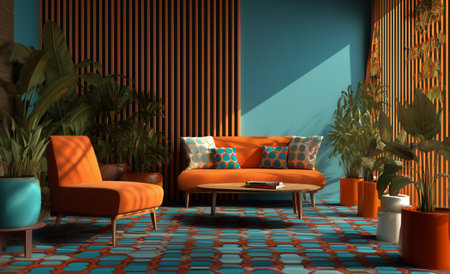 A living room showcases a blend of vibrant orange and blue furniture, surrounded by green plants. Natural light casts shadows on the unique patterned rug, creating a warm atmosphere.の素材