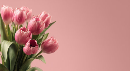 Bouquet of pink tulips on a pink background with copy spaceの素材