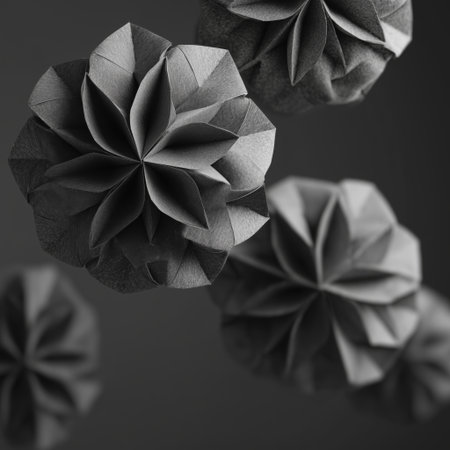 black and white origami crumpled paper flowers on dark backgroundの素材