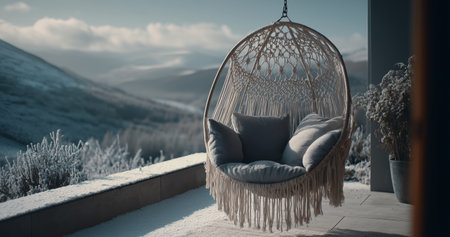 A hanging chair with soft cushions sits on a balcony surrounded by snow-covered mountains. The chilly winter air complements the peaceful atmosphere created by this cozy setup.の素材