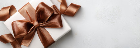 A white gift box adorned with a large brown ribbon sits on a light gray surface. The present is perfect for celebrations such as birthdays or holidays.の素材