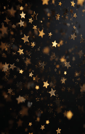 Golden stars glisten softly in the dark, creating a dreamy, enchanting atmosphere. The sparkling effect evokes a sense of wonder and tranquility, perfect for nighttime themes.の素材