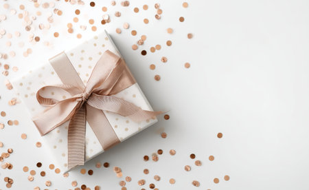 A beautifully wrapped white gift box features a delicate ribbon and is surrounded by colorful confetti on a white background. Perfect for festive events like birthdays or holidays..の素材