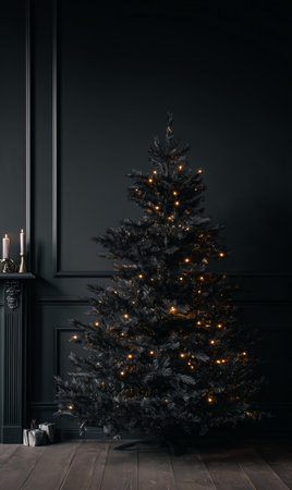 A beautifully decorated black Christmas tree stands tall in a modern indoor space. Soft warm lights illuminate the tree, creating a cozy atmosphere during the holiday season..の素材