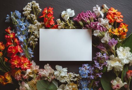 A lively array of colorful flowers surrounds a blank space, perfect for adding messages or notes..の素材