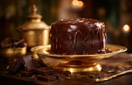 A decadent chocolate cake sits on a gold plate, topped with a smooth chocolate glaze. Surrounding it are pieces of dark chocolate and silver serving dishes, creating a warm ambiance.の素材