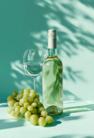 A bottle of white wine stands next to a transparent glass filled with water. A bunch of green grapes rests on the table, casting soft shadows in the bright light.の素材