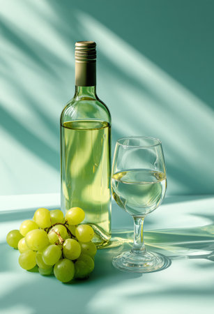 A bottle of white wine sits next to a glass filled with the drink. Green grapes are arranged nearby, all set against a soft teal backdrop with light shadows.の素材