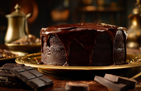 A decadent chocolate cake sits on a gold plate, topped with a smooth chocolate glaze. Surrounding it are pieces of dark chocolate and silver serving dishes, creating a warm ambiance.の素材