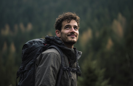 A young man with a backpack looks up in a dense forest. His happy expression shows his love for nature on a cloudy day, surrounded by tall trees and greenery.の素材