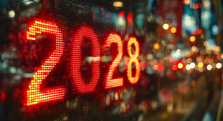 Bright red numbers on a digital display show the year 2028. The background features blurred city lights, creating a lively nighttime atmosphere.の素材