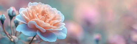 A soft pastel rose blooms in a tranquil garden setting. The warm afternoon light highlights its delicate petals and creates a peaceful atmosphere for nature lovers.の素材