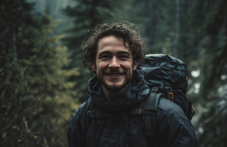 A man with curly hair is smiling as he hikes through a dense, green forest. The weather is rainy, creating a lively atmosphere filled with natures sounds.の素材