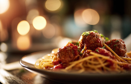 A plate of spaghetti topped with meatballs and tomato sauce is beautifully arranged. Soft candlelight creates a cozy atmosphere in the background, highlighting the dish.の素材