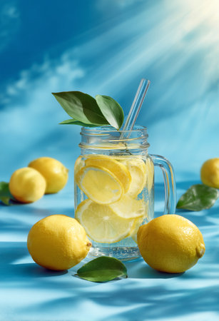 A mason jar filled with lemon slices and water sits on a blue surface. Fresh lemons and green leaves surround the jar, capturing a bright and refreshing summer vibe.の素材
