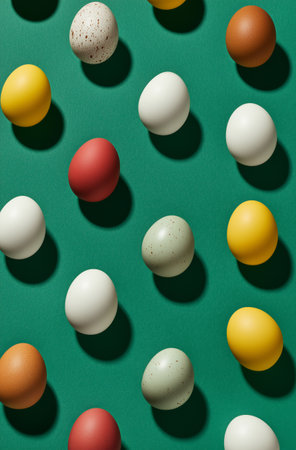 Brightly colored eggs in various shades are arranged on a vibrant green surface, creating a cheerful and festive atmosphere for spring celebrations.の素材