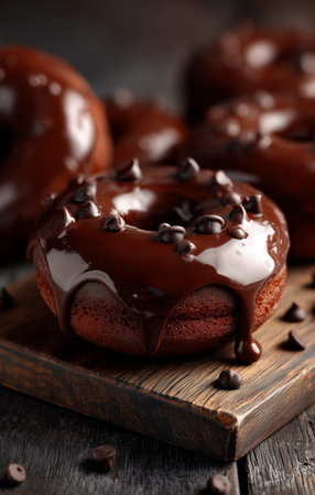 Delicious chocolate glazed donuts sit on a wooden board, drizzled with chocolate and sprinkled with tiny chocolate chips, creating a tempting treat in a warm kitchen atmosphere.の素材