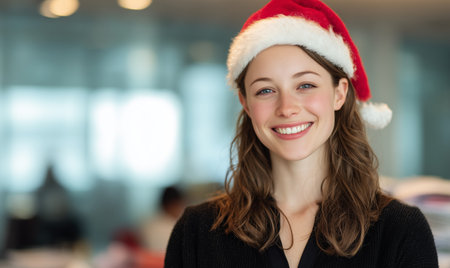 A joyful woman with long brown hair is wearing a red and white Santa hat. She smiles brightly in a lively office filled with holiday decorations, highlighting the festive atmosphere.の素材