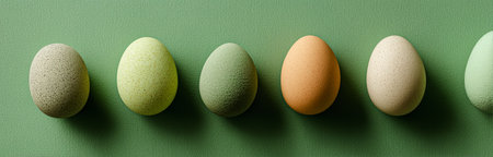 Decorative eggs in various pastel colors are placed on a light green surface. These eggs are often used for spring celebrations and festive decorations.の素材