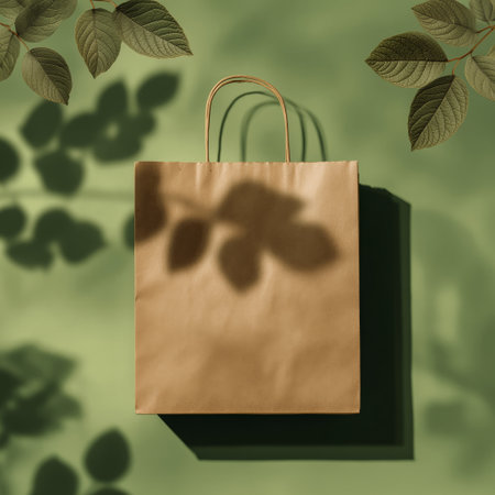 A simple brown paper bag sits against a green backdrop. Shadows of leaves fall across the bag, adding an organic touch to the scene in a serene setting.の素材