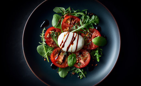 A colorful salad featuring creamy burrata cheese, ripe red tomatoes, arugula, and a drizzle of balsamic glaze, presented on a dark plate, highlighting the freshness of the ingredients.の素材
