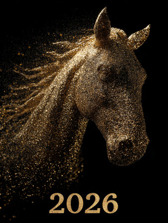 A striking portrait of a golden horse with shimmering sparkles in the background, symbolizing the festive spirit of the upcoming year 2026.の素材