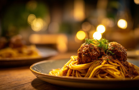 Spaghetti topped with meatballs and garnished with herbs is served on a blue plate. The warm glow from candles creates a relaxed atmosphere in the restaurant setting.の素材
