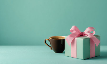 A gift box wrapped with a pink ribbon sits beside a cup of black coffee on a mint green surface. The scene creates a calm and inviting atmosphere, perfect for relaxation.の素材