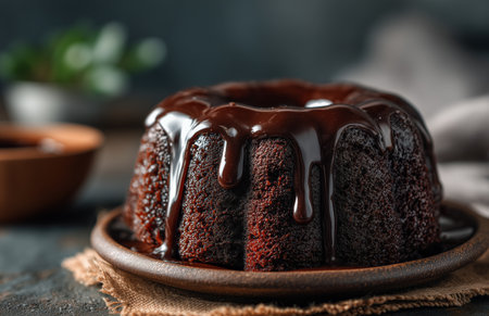A freshly baked chocolate bundt cake sits on a wooden plate, generously covered in glossy chocolate glaze, with a soft texture and rich aroma. Perfect for dessert lovers.の素材