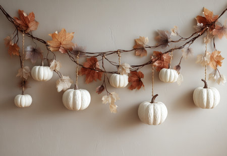White pumpkins hang amidst warm autumn leaves, creating a cozy and inviting decoration for a seasonal celebration, perfect for home or event decor.の素材
