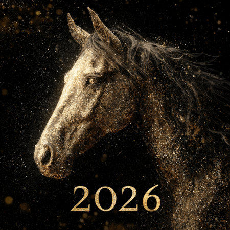 A striking portrait of a golden horse with shimmering sparkles in the background, symbolizing the festive spirit of the upcoming year 2026.の素材