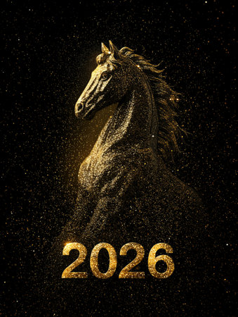 A glittering horse sculpture glows in the background of sparkling lights, symbolizing celebration and joy for the New Year of 2026.の素材